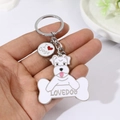 Portachiavi Schnauzer in metallo con ciondolo a cane bianco e base a forma di osso - Schnauzer Bianco Doppia Faccia (Cuore)