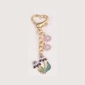 Golden heart-shaped keychain with purple daisy and blue iris enamel flower charms - Orchid Cluster Style