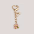 Pink and white flower keychain with golden heart carabiner for bags and backpacks - Ladybug Pink White Flower