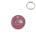 Macro detail of glitter pink round pet tag featuring a metallic fishbone relief design - Rose Red