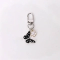 Polka dot black butterfly keychain with white flower and pearl pendant on silver lobster clasp - Black Polka Dot Butterfly