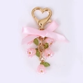 Pink lily of the valley flower keychain with heart clasp and silk ribbon bow charm - Pink with Pink Bow