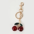 Porte-clés cerise rouge foncé scintillant avec feuilles pailletées et métal doré - Grande Cerise 3D Double Émail