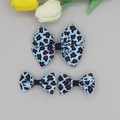 Three-piece leopard print bow hair clips set with blue ribbed texture and black ribbon center - Blue Leopard Style (05#)