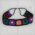 Detail of bohemian floral crochet headband with colorful sunflowers and elastic strap - Black