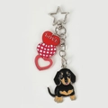 Cartoon dachshund keychain with silver star ring and red love heart charms - Dachshund Heart String