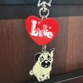 Cute Pug dog keychain with red Love heart charm and silver metal lobster clasp - Pug Love