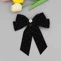 Detail of black velvet bow hair clip with sparkling rhinestones and a central pearl flower - Black Velvet Round Pearl Flower Rhinestone Bow (05#)