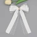 Detail of white satin ribbon hair clip with eyelash lace and plum blossom pearl buckle - White