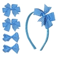 5-piece blue gingham bow headband and hair clips set for girls, British school style - Bowknot Checkered Set / Blue