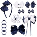Set de 12 accesorios para el pelo con diademas y lazos en color azul marino y blanco - Set Combinado Color Lunares Rayas / Azul Marino