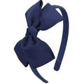 Detailed view of large navy blue grosgrain ribbon bow on a slim headband for girls - Navy Blue (01#)