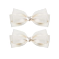 Detailed view of cream satin double-layer bow hair clips with heart pearl accents - Meter