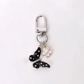 Silver alloy butterfly keychain with black polka dots and white pearl flower charm - Black Polka Dot Butterfly