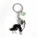 Border Collie metal keychain with black white enamel dog charm and blue flowers - 07 Garden Border Collie