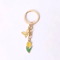 Golden alloy keychain featuring yellow butterfly and tulip pendants with rhinestones - Yellow Tulip And Butterfly