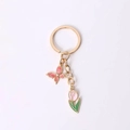 Golden keychain with orange butterfly and pink tulip enamel charms for bags - Pink Tulip And Butterfly