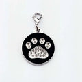Black round dog tag with silver edges, glitter paw print and lobster clasp pendant - 25mm / Black Paw Print Design