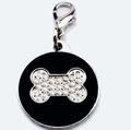 Black enamel bone-shaped pet tag with sparkling rhinestones and lobster clasp - Black Bone Rhinestone Style