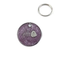 Round purple glitter pet ID tag with silver fishbone design and metal ring for collar - Purple