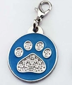 Blue enamel round pet ID tag with sparkling rhinestone paw print and silver lobster clasp - Blue Paw Rhinestone Style