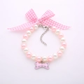 Pink pearl pet collar necklace with bow and rhinestone bone pendant for small dogs - S / Light Pink & White