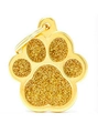 Golden paw-shaped pet ID tag with glitter finish and metal hanging ring for collars - Gold