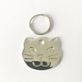 Polished silver metal cat head shaped pet ID tag with split ring on white background - Silver