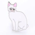 Gros plan détaillé d'une broche chat en émail blanc avec bordures argentées et détails - Chat Blanc sans Queue