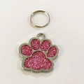 Pink glitter paw print pet ID tag with silver metal border and split ring - Pink