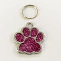 Custom silver dog tag with pink glitter paw print shape and metal ring for pets - Purple