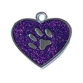 Médaille pour chien en forme de cœur violet pailleté avec empreinte de patte argentée - 27*28mm / Violet