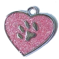 Pink glitter heart pet ID tag with silver paw print detail in zinc alloy frame - 27*28mm / Pink