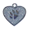 Zinc alloy heart-shaped pet ID tag with purple glitter and animal paw print design - 27*28mm / Silver