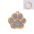 Golden paw-shaped zinc alloy pet ID tag with silver glitter fill and hanging ring - 30-30mm / Silver