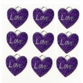 Set of nine purple glitter heart pendants with Love engraving and silver rings - 30MM / Purple
