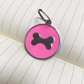 Pink enamel round pet ID tag with silver metal bone pattern and split ring attachment - 30MM / Pink