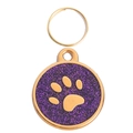 Golden pet ID tag with purple glitter finish and paw print design for dog necklace - 28mm / Purple
