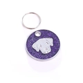 Detail of round pet tag featuring purple glitter finish and silver dog head relief - Standard Size / Purple Labrador Style