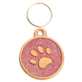 Round golden metal pet ID tag with pink glitter background and paw print charm - 28mm / Pink