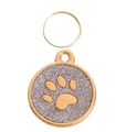 Golden round pet ID tag with raised paw print and silver glitter background finish - 28mm / Silver