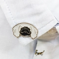 Zinc alloy enamel pug dog brooch with black and white finish on a blue plaid shirt - Pekingese