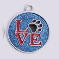 Blue glitter pet ID tag with red LOVE text and black paw print in silver metal - 30MM / Blue