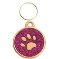 Golden pet ID tag with purple glitter background and paw print charm for collars - 28mm / Rose Red