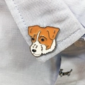 Enamel Jack Russell Terrier dog pin in orange and white on a blue checkered shirt collar - Jack Russell Terrier