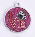 Round pink glittery pet ID tag with Love lettering and black paw print motif - 30MM / Rose Red