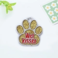 Silver metal paw-shaped pet ID tag with gold glitter and red Wet Kisser text - 30MM / Gold Paw