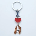 Detailed close-up of metal enamel keychain with red heart and cute dog pendant - Brown and White Basset Hound Style (9) / 2.5*3cm 12g 10cm
