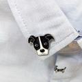 Cute black and white enamel dog pin badge on light blue checkered shirt collar - Pitbull