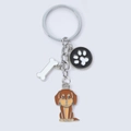 Detail of metal keychain with cartoon dachshund, bone and paw print charms on silver ring - 10cm 16g / Brown Dachshund Bone Paw
